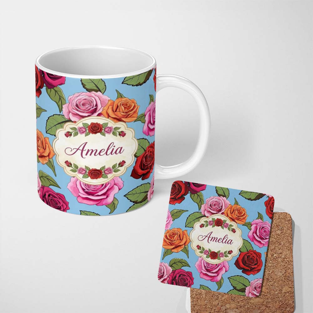 Personalized Custom Name Bold Colorful Rose Flowers Seamless Pattern Blue Background Name 11oz Ceramic Coffee Tea Mug White Large Handle