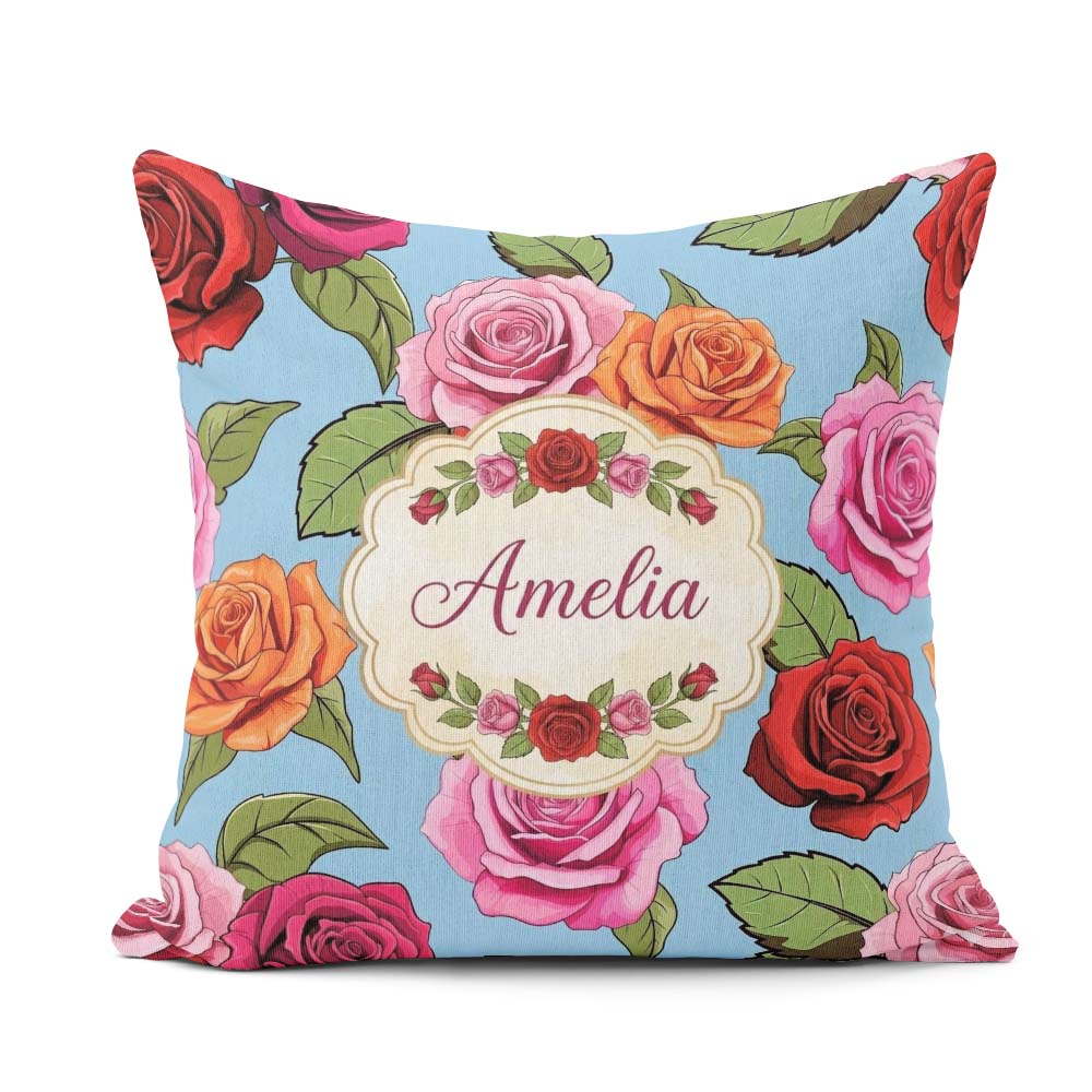 Custom Name Bold Colorful Rose Flowers Seamless Blue Background Square Filled Cushion Throw Pillow Sofa Bed Home Decor Zip Washable UK Made