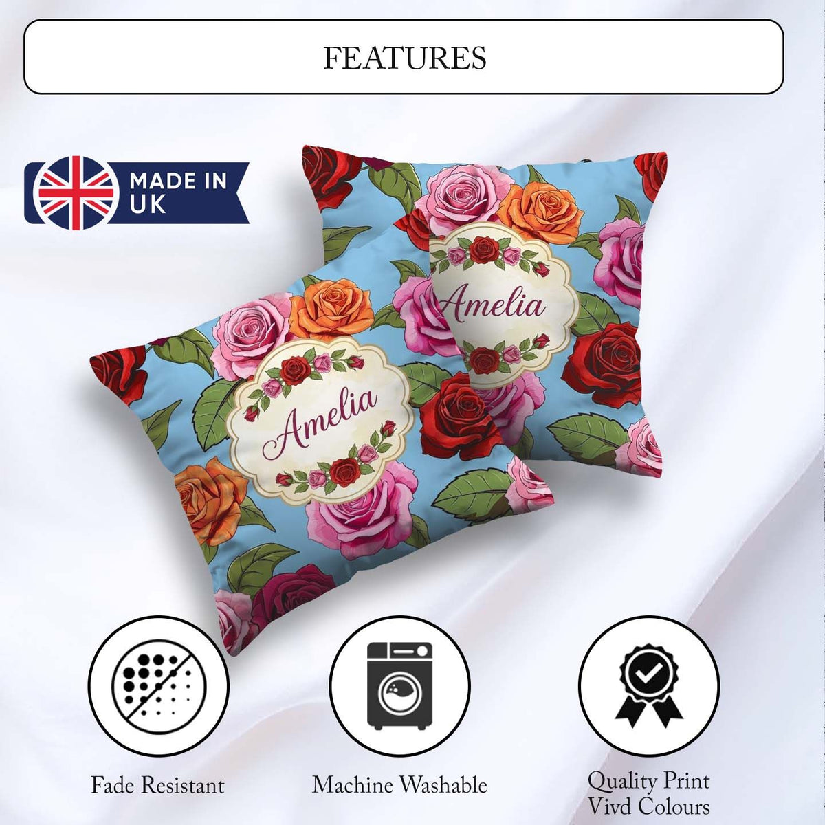 Custom Name Bold Colorful Rose Flowers Seamless Blue Background Square Filled Cushion Throw Pillow Sofa Bed Home Decor Zip Washable UK Made