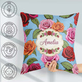 Custom Name Bold Colorful Rose Flowers Seamless Blue Background Square Filled Cushion Throw Pillow Sofa Bed Home Decor Zip Washable UK Made