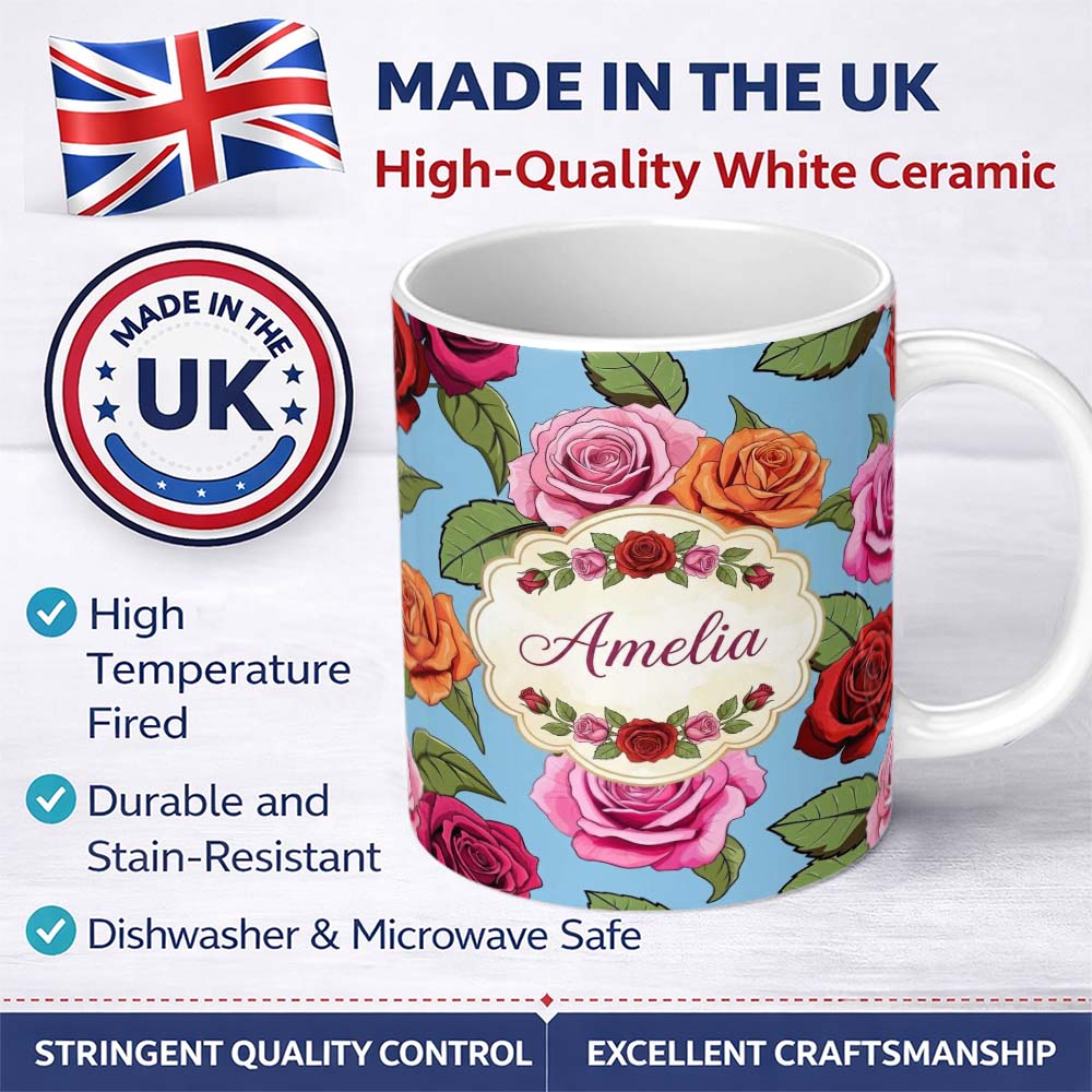 Personalized Custom Name Bold Colorful Rose Flowers Seamless Pattern Blue Background Name 11oz Ceramic Coffee Tea Mug White Large Handle