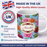 Personalized Custom Name Bold Colorful Rose Flowers Seamless Pattern Blue Background Name 11oz Ceramic Coffee Tea Mug White Large Handle