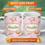 Personalized Custom Name Cute Sea Turtle Starfish Shell Kawaii Ocean Seamless Pattern Pink 11oz Ceramic Coffee Tea Mug White Large Handle