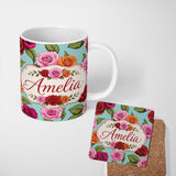 Personalized Custom Name Bold Colorful Rose Flowers Seamless Pattern Mint Green Background 11oz Ceramic Coffee Tea Mug White Large Handle