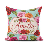 Custom Name Bold Colorful Rose Flowers Seamless Green Background Square Filled Cushion Throw Pillow Sofa Bed Home Decor Zip Washable UK Made