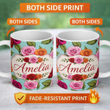 Personalized Custom Name Bold Colorful Rose Flowers Seamless Pattern Mint Green Background 11oz Ceramic Coffee Tea Mug White Large Handle