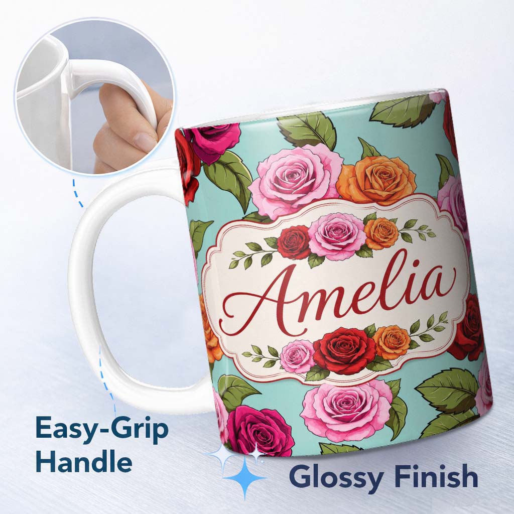 Personalized Custom Name Bold Colorful Rose Flowers Seamless Pattern Mint Green Background 11oz Ceramic Coffee Tea Mug White Large Handle