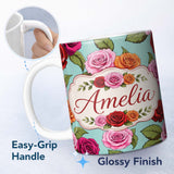 Personalized Custom Name Bold Colorful Rose Flowers Seamless Pattern Mint Green Background 11oz Ceramic Coffee Tea Mug White Large Handle