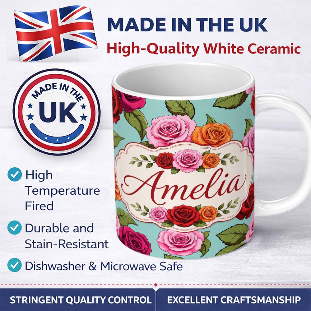 Personalized Custom Name Bold Colorful Rose Flowers Seamless Pattern Mint Green Background 11oz Ceramic Coffee Tea Mug White Large Handle