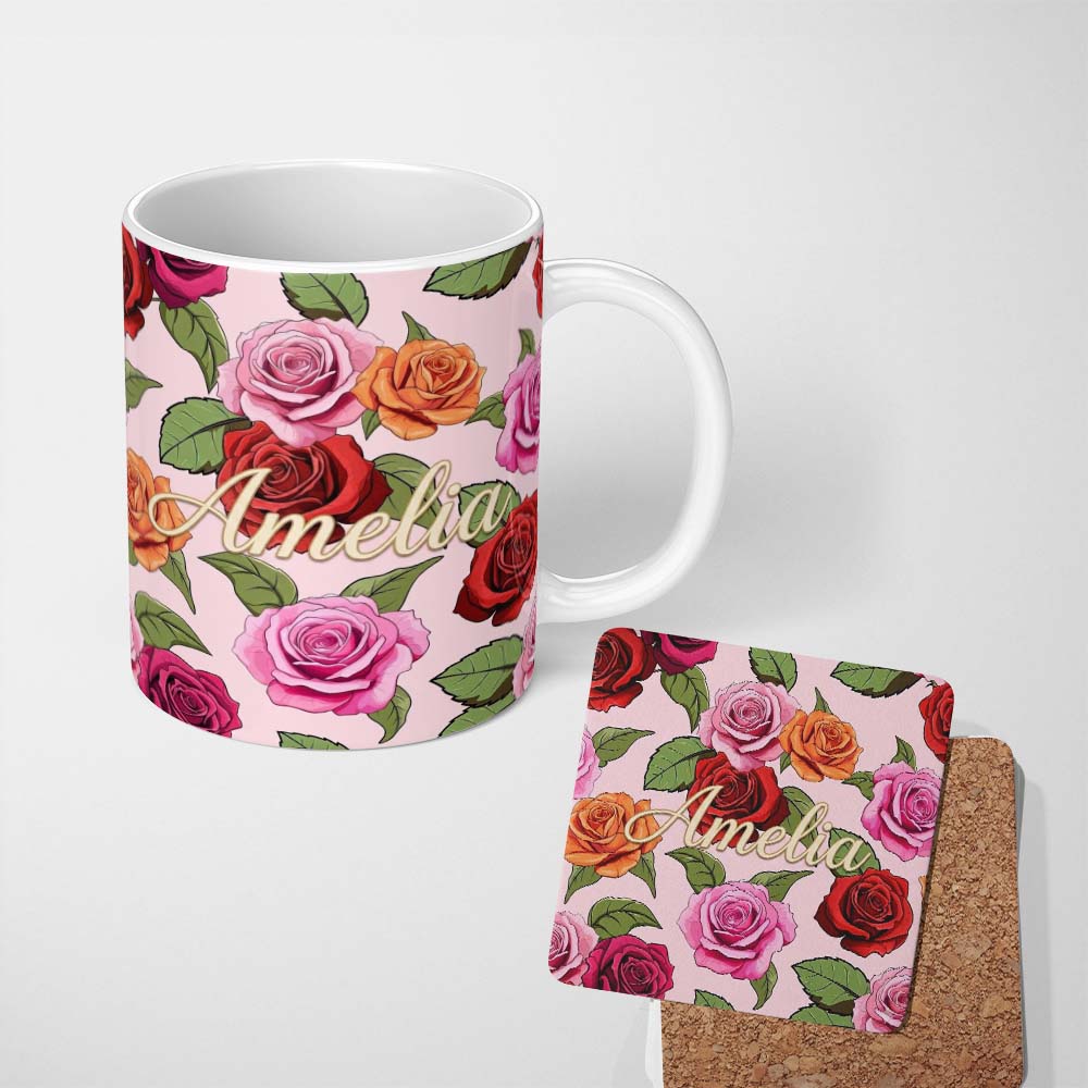 Personalized Custom Name Bold Colorful Rose Flowers Seamless Pattern Blush Pink Background 11oz Ceramic Coffee Tea Mug White Large Handle
