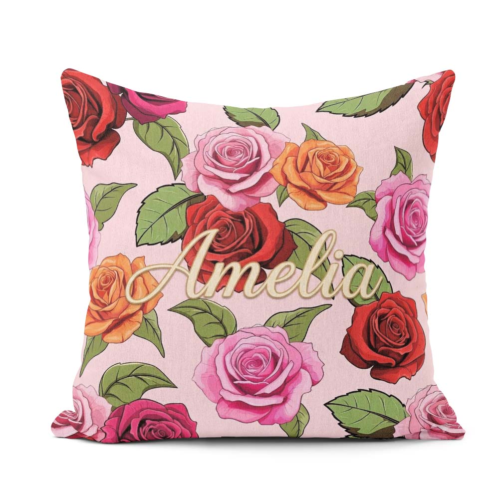 Custom Name Bold Colorful Rose Flowers Seamless Blush Background Square Filled Cushion Throw Pillow Sofa Bed Home Decor Zip Washable UK Made
