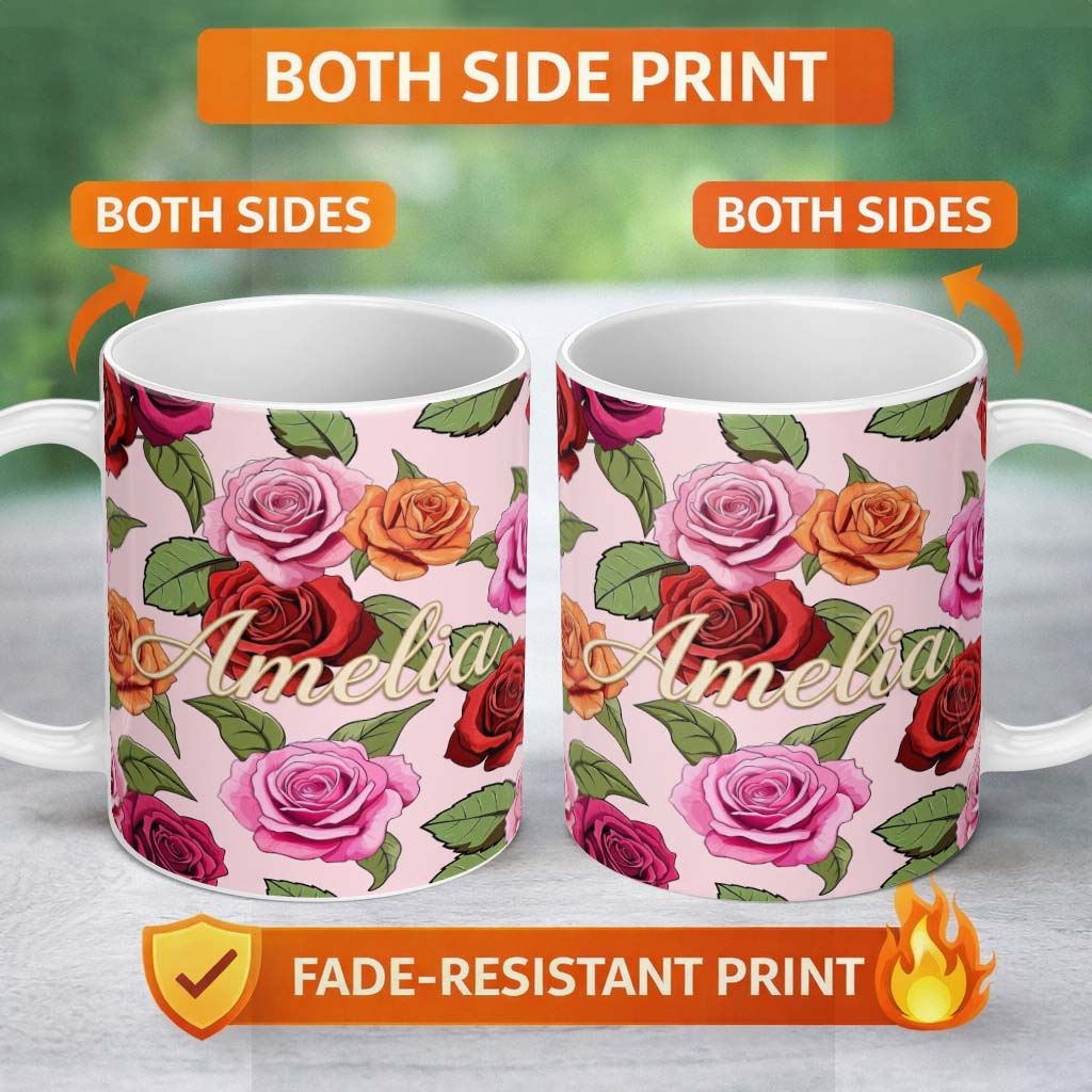 Personalized Custom Name Bold Colorful Rose Flowers Seamless Pattern Blush Pink Background 11oz Ceramic Coffee Tea Mug White Large Handle