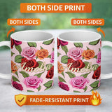 Personalized Custom Name Bold Colorful Rose Flowers Seamless Pattern Blush Pink Background 11oz Ceramic Coffee Tea Mug White Large Handle