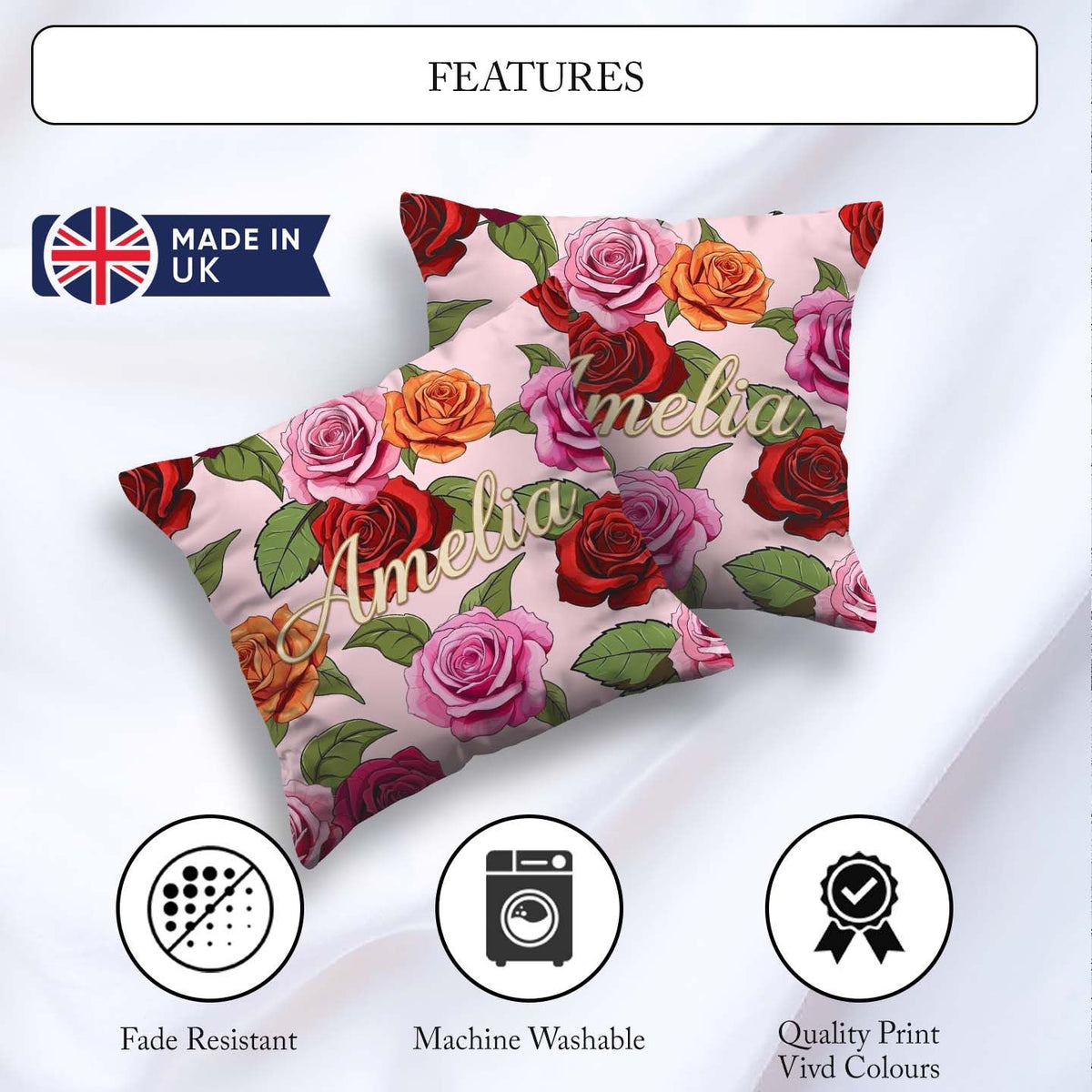 Custom Name Bold Colorful Rose Flowers Seamless Blush Background Square Filled Cushion Throw Pillow Sofa Bed Home Decor Zip Washable UK Made