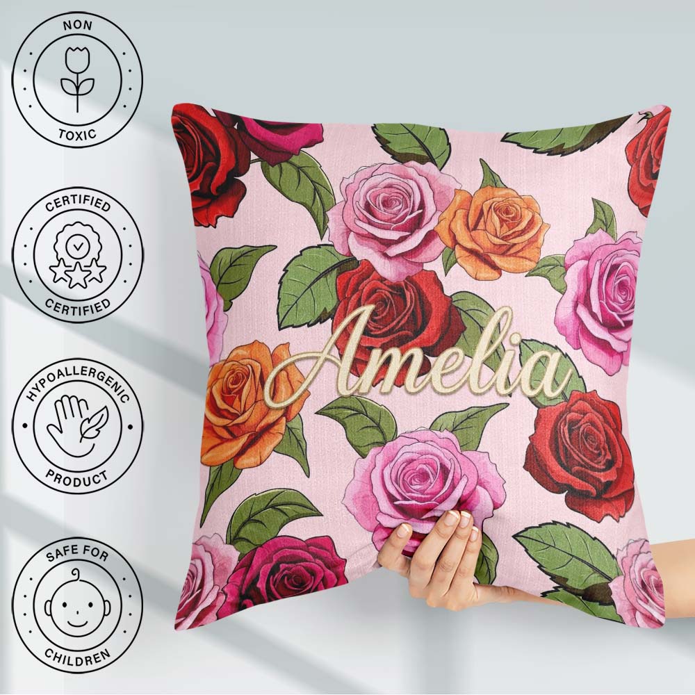 Custom Name Bold Colorful Rose Flowers Seamless Blush Background Square Filled Cushion Throw Pillow Sofa Bed Home Decor Zip Washable UK Made