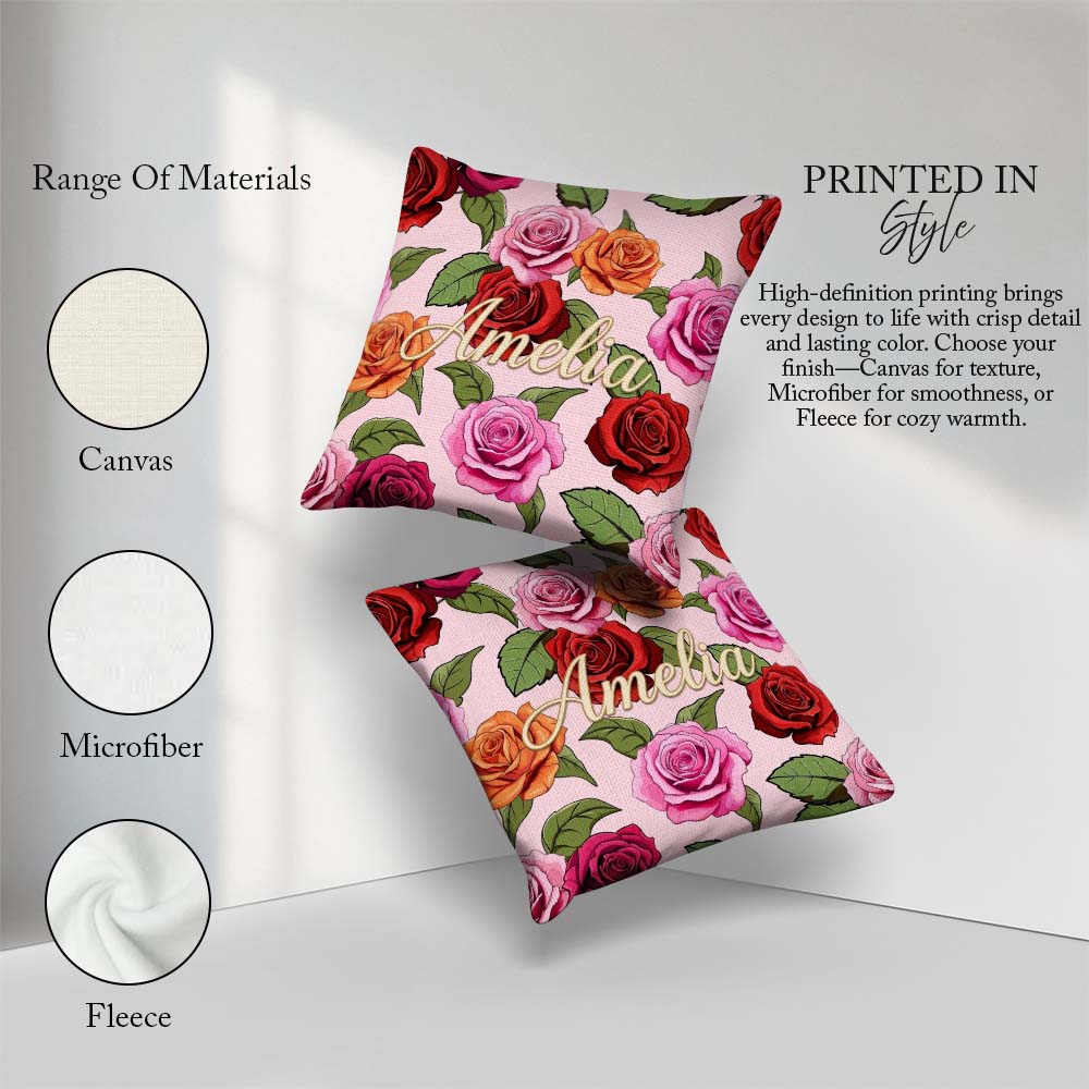 Custom Name Bold Colorful Rose Flowers Seamless Blush Background Square Filled Cushion Throw Pillow Sofa Bed Home Decor Zip Washable UK Made