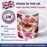 Personalized Custom Name Bold Colorful Rose Flowers Seamless Pattern Blush Pink Background 11oz Ceramic Coffee Tea Mug White Large Handle