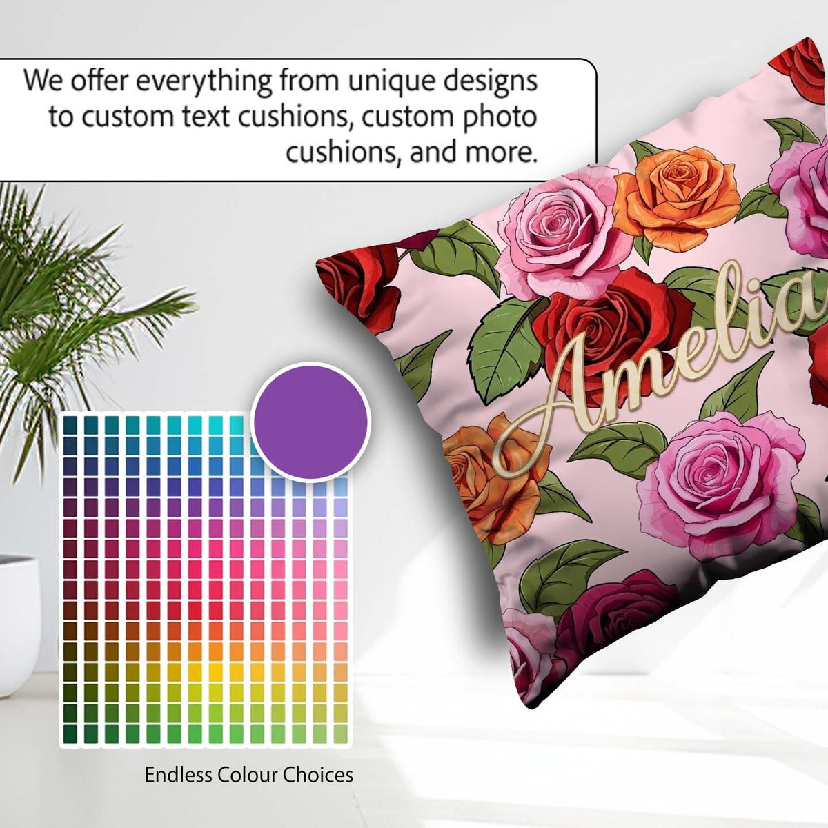 Custom Name Bold Colorful Rose Flowers Seamless Blush Background Square Filled Cushion Throw Pillow Sofa Bed Home Decor Zip Washable UK Made