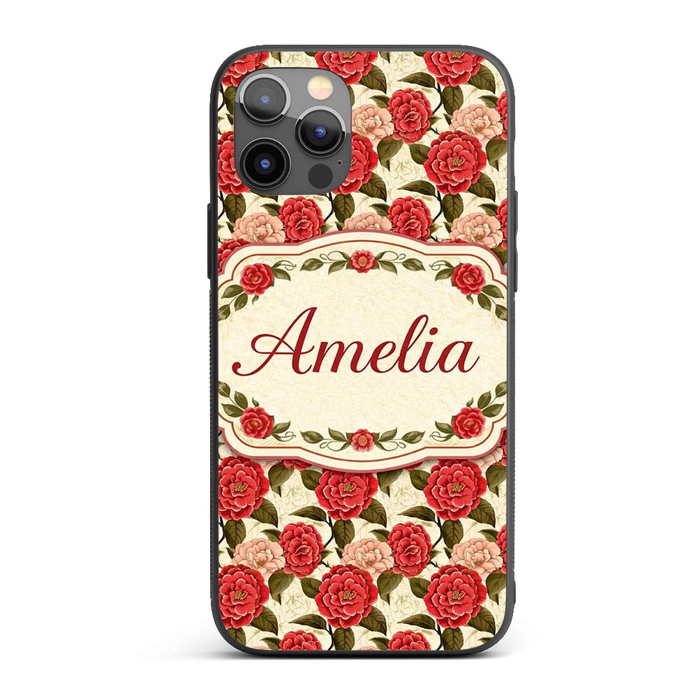 Vintage Red Camellia Botanical Cream Background Custom Name Protective Phone Case Mobile Cover Durable Everyday Smartphone Shock Resistant