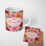 Personalized Custom Name Bold Colorful Rose Flowers Seamless Pattern Coral Pink Background 11oz Ceramic Coffee Tea Mug White Large Handle
