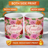 Personalized Custom Name Bold Colorful Rose Flowers Seamless Pattern Coral Pink Background 11oz Ceramic Coffee Tea Mug White Large Handle