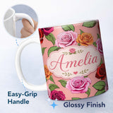 Personalized Custom Name Bold Colorful Rose Flowers Seamless Pattern Coral Pink Background 11oz Ceramic Coffee Tea Mug White Large Handle