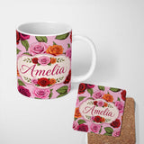 Personalized Custom Name Bold Colorful Rose Flowers Seamless Pattern Dusty Mauve Background 11oz Ceramic Coffee Tea Mug White Large Handle