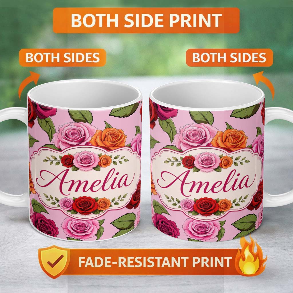 Personalized Custom Name Bold Colorful Rose Flowers Seamless Pattern Dusty Mauve Background 11oz Ceramic Coffee Tea Mug White Large Handle