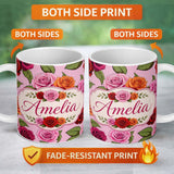 Personalized Custom Name Bold Colorful Rose Flowers Seamless Pattern Dusty Mauve Background 11oz Ceramic Coffee Tea Mug White Large Handle