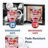 Personalized Custom Name Bold Colorful Rose Flowers Seamless Pattern Dusty Mauve Background 11oz Ceramic Coffee Tea Mug White Large Handle