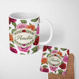 Personalized Custom Name Bold Colorful Rose Flowers Seamless Pattern Light Grey Background 11oz Ceramic Coffee Tea Mug White Large Handle