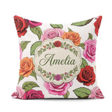 Custom Name Bold Colorful Rose Flowers Seamless Light Background Square Filled Cushion Throw Pillow Sofa Bed Home Decor Zip Washable UK Made