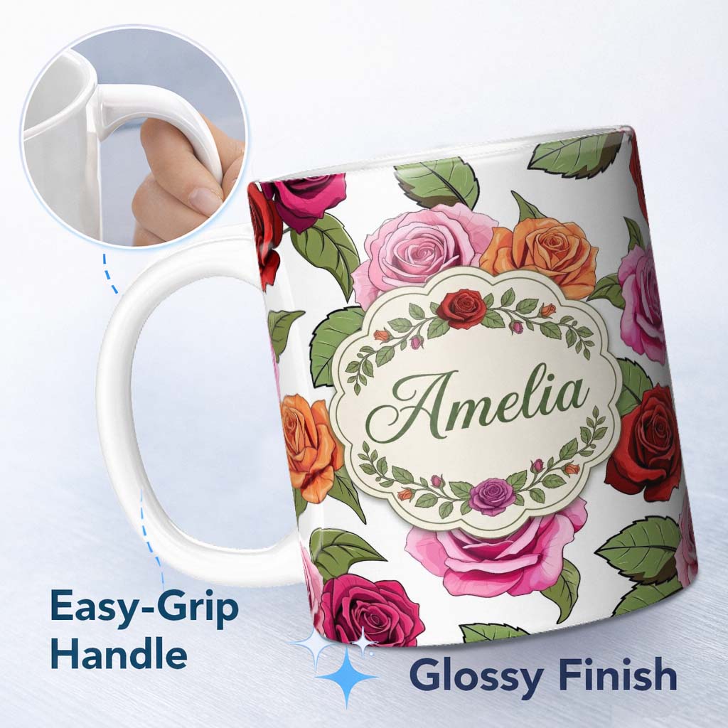 Personalized Custom Name Bold Colorful Rose Flowers Seamless Pattern Light Grey Background 11oz Ceramic Coffee Tea Mug White Large Handle