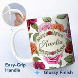 Personalized Custom Name Bold Colorful Rose Flowers Seamless Pattern Light Grey Background 11oz Ceramic Coffee Tea Mug White Large Handle