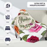 Bold Colorful Rose Flowers Seamless Pattern Light Grey Background  Personalised Custom Name Super Soft Fleece Blanket Bed Sofa Throw