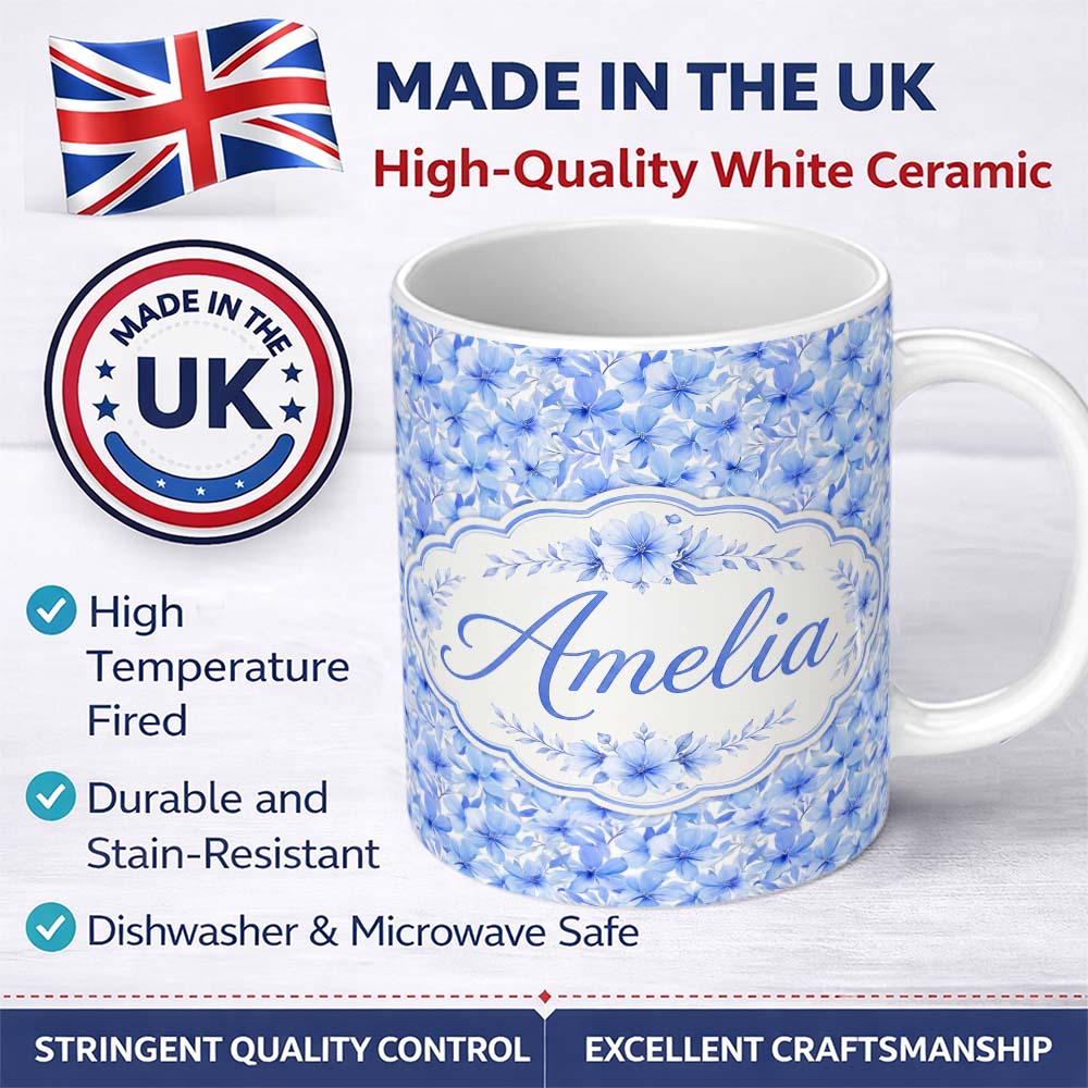 Personalized Custom Name Blue Watercolor Floral Dense Seamless Pattern Elegant Botanical 11oz Ceramic Coffee Tea Mug White Large Handle