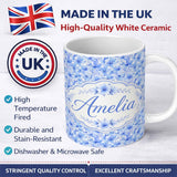 Personalized Custom Name Blue Watercolor Floral Dense Seamless Pattern Elegant Botanical 11oz Ceramic Coffee Tea Mug White Large Handle