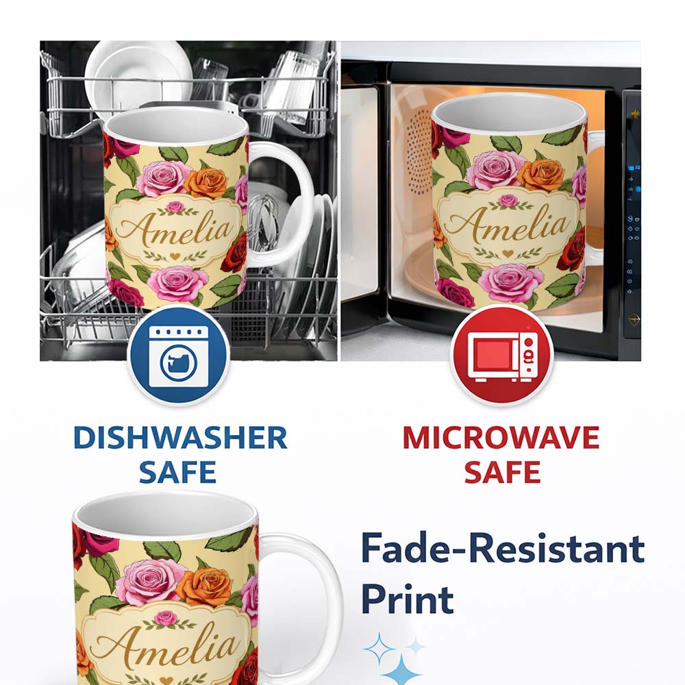 Personalized Custom Name Bold Colorful Rose Flowers Seamless Pattern Soft Beige Background 11oz Ceramic Coffee Tea Mug White Large Handle