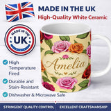 Personalized Custom Name Bold Colorful Rose Flowers Seamless Pattern Soft Beige Background 11oz Ceramic Coffee Tea Mug White Large Handle