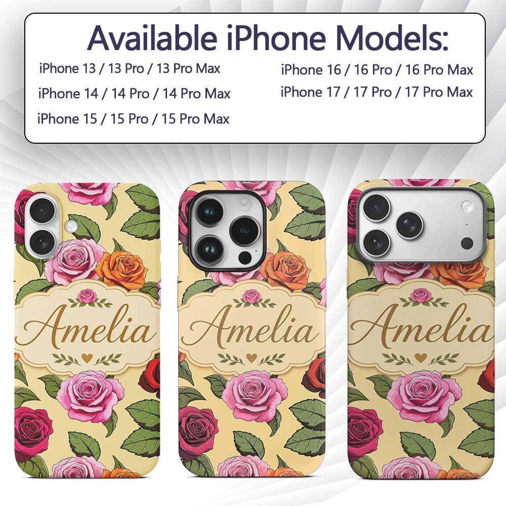 Bold Colorful Rose Flowers Seamless Pattern Soft Custom Name Protective Phone Case Mobile Cover Durable Everyday Smartphone Shock Resistant