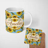 Personalized Custom Name Bright Sunflower Floral Seamless Pattern Blue Background Name Cute 11oz Ceramic Coffee Tea Mug White Large Handle