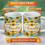Personalized Custom Name Bright Sunflower Floral Seamless Pattern Blue Background Name Cute 11oz Ceramic Coffee Tea Mug White Large Handle
