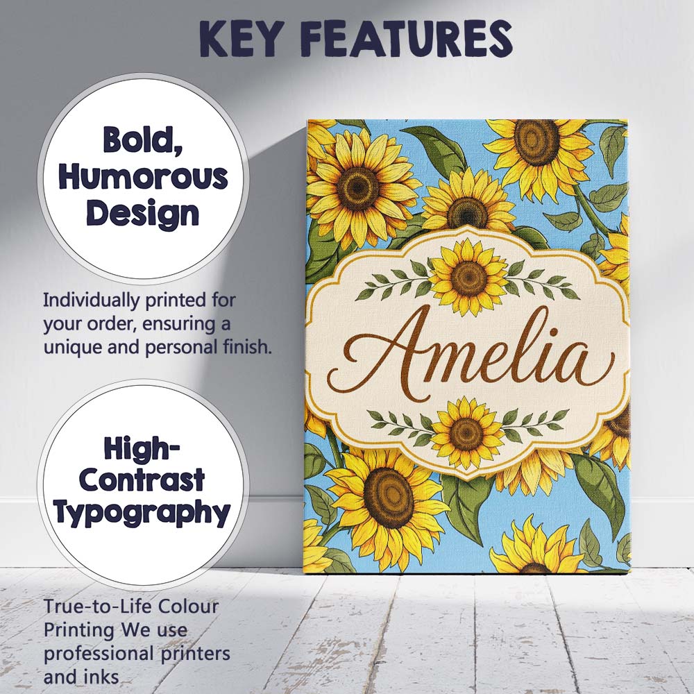 Personalised Name Bright Sunflower Floral Custom  Unique Gift Idea Elegant Feature Canvas Wall Art Print Decor Picture Ready to Hang