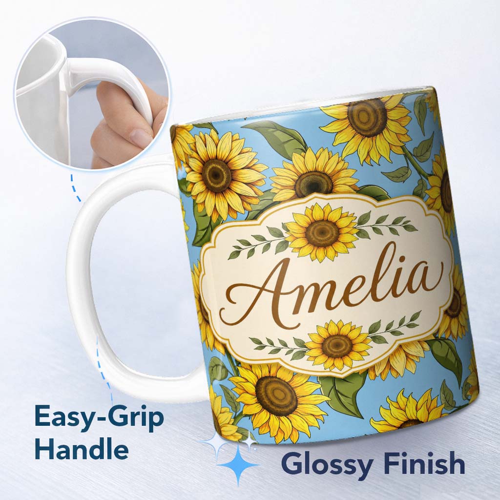 Personalized Custom Name Bright Sunflower Floral Seamless Pattern Blue Background Name Cute 11oz Ceramic Coffee Tea Mug White Large Handle