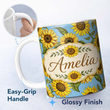 Personalized Custom Name Bright Sunflower Floral Seamless Pattern Blue Background Name Cute 11oz Ceramic Coffee Tea Mug White Large Handle