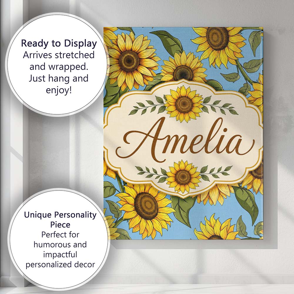 Personalised Name Bright Sunflower Floral Custom  Unique Gift Idea Elegant Feature Canvas Wall Art Print Decor Picture Ready to Hang