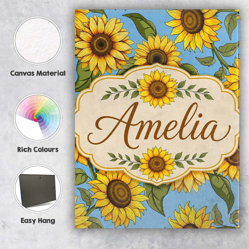 Personalised Name Bright Sunflower Floral Custom  Unique Gift Idea Elegant Feature Canvas Wall Art Print Decor Picture Ready to Hang