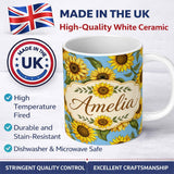 Personalized Custom Name Bright Sunflower Floral Seamless Pattern Blue Background Name Cute 11oz Ceramic Coffee Tea Mug White Large Handle