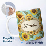 Personalized Custom Name Bright Yellow Sunflower Floral Seamless Pattern Teal Blue 11oz Ceramic Coffee Tea Mug White Large Handle