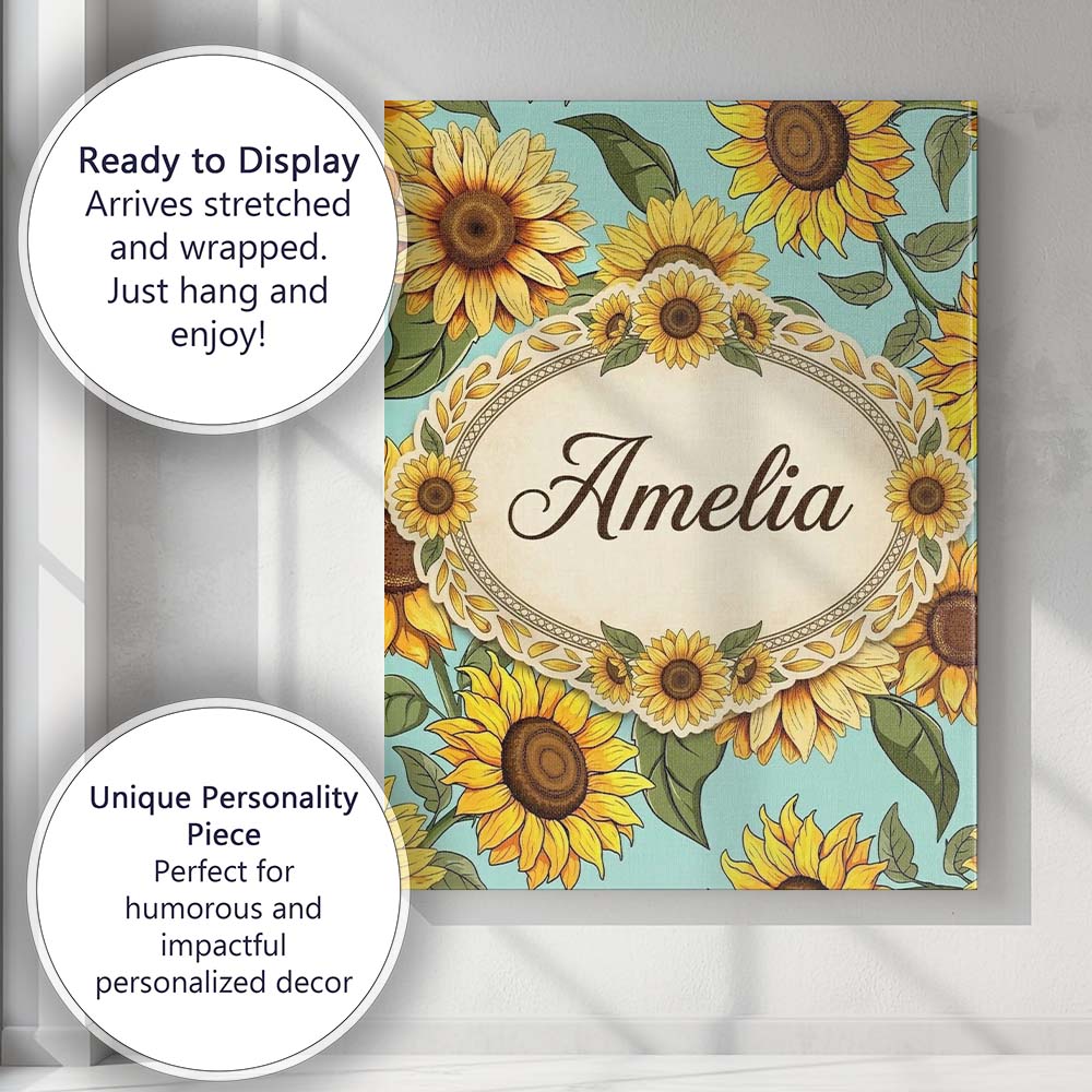 Personalised Name Bright Yellow Sunflower Custom  Unique Gift Idea Elegant Feature Canvas Wall Art Print Decor Picture Ready to Hang